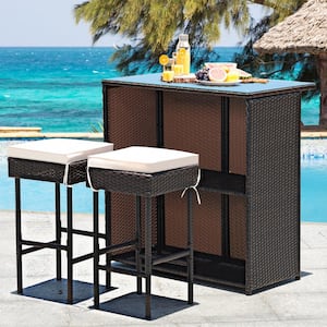 3-Pieces Patio Wicker Rattan Outdoor Bar Set Table with 2 White Cushioned Stools