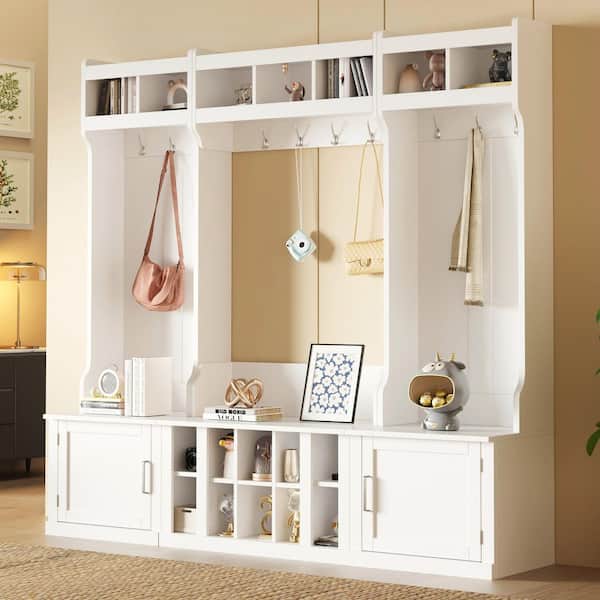 Wide Hall Tree Entryway Bench with Storage Coat Rack Shoe Cubbies 4-in-1 Multifunctional Black