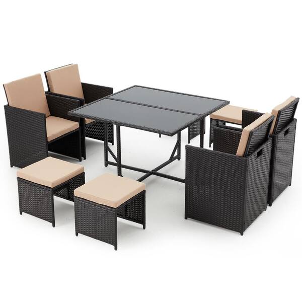 Cesicia Black Wicker Outdoor Dining Set with Beige Cushions and Glass Table (9-Pieces)
