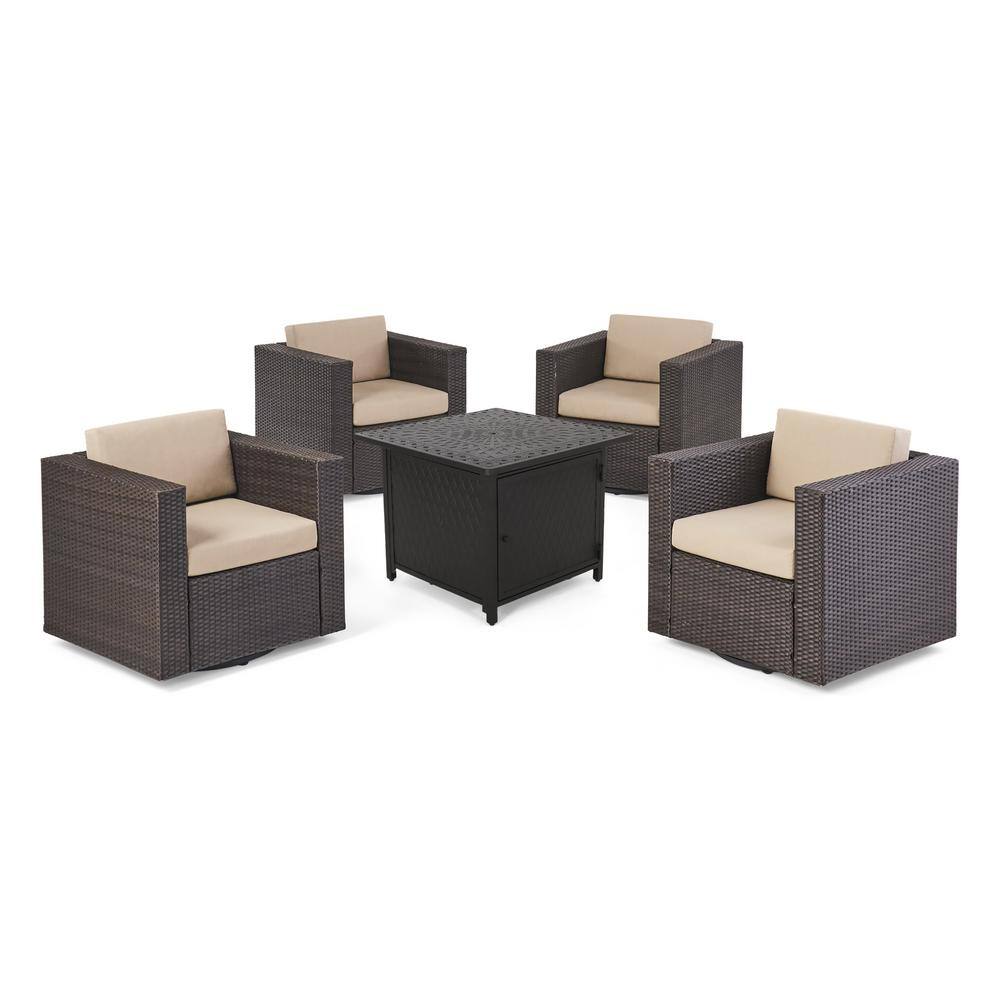 Noble House Puerta Dark Brown 5-Piece Faux Rattan Outdoor Patio Fire ...