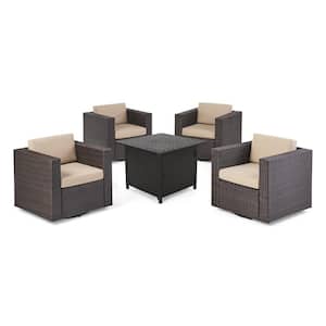 Puerta Dark Brown 5-Piece Faux Rattan Patio Fire Pit Set with Beige Cushions