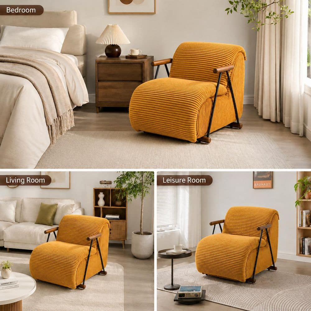 Yellow corduroy accent chair shown in a bedroom, living room, and leisure room setting.