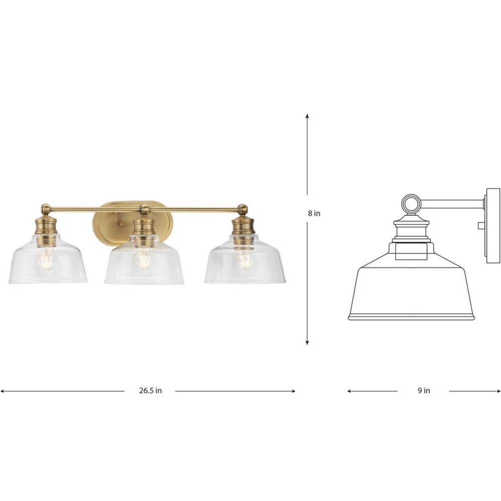 Vintage Brass 3-Light Vanity Fixture with Clear Glass Shades