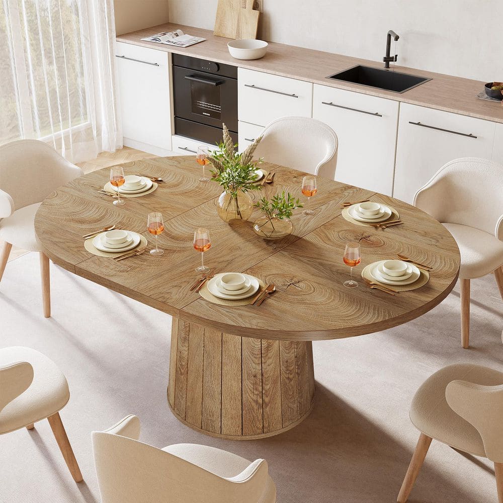 Roesler Farmhouse Light Brown Wood 55 in. Cylindrical Pedestal Oval Kitchen Dining Table Seats 6 price history on PriceWatchPro