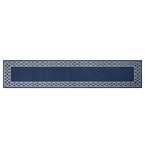 Machine Washable Non-Skid Denim Blue Twist/Light Gray  2.5 ft. x 10 ft. All Loop Tufted Area Rug