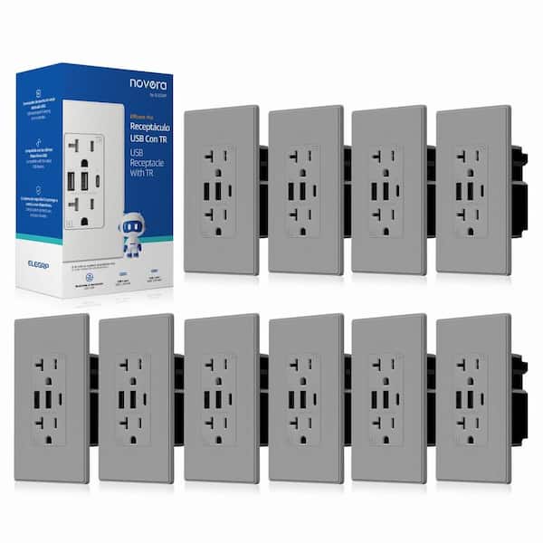 30W 6.0 Amp 3-Port USB Wall Outlet 20A Duplex Receptacle with Dual USB Ports w/ Srewless Wall Plate, Matte Grey 10-Piece