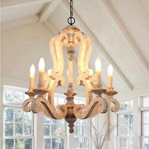 Buttrio Antique Farmhouse 5-Light Rustic Wooden Candle Chandelier, Distressed White