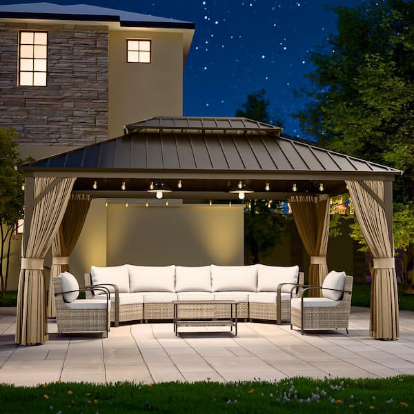 EAGLE PEAK 12 ft. D x 16 ft. W Patio Galvanized Steel Roof Aluminum Frame 2-Tier Hardtop Gazebo with Curtains and Netting, Brown