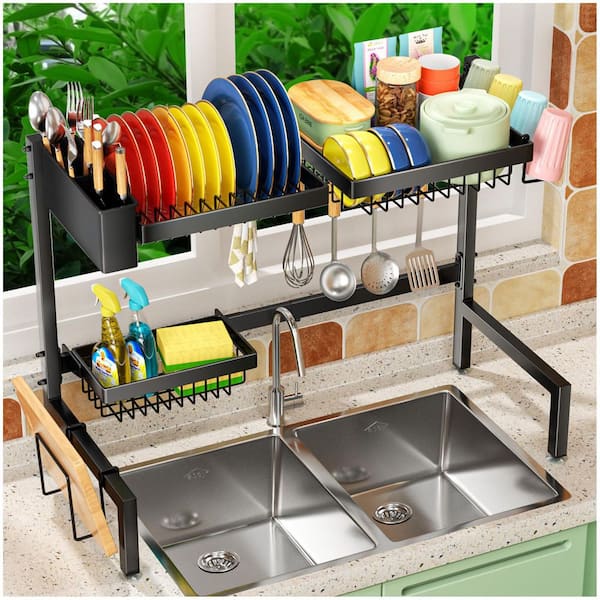 35.4 in Adjustable Over The Sink 2-Tier Dish Drying Rack with Removable Accessories for Most Sinks in Black