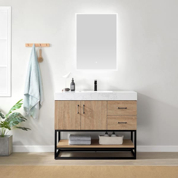ROSWELL Alistair 42 in. W x 22 in. D x 33.9 in. H Bath Vanity in Oak with White Stone Vanity Top with Single Sink and Mirror
