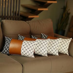 Bohemian Handmade Vegan Faux Leather Brown Geometric 12 in. x 20 in. Lumbar Abstract Throw Pillow (Set of 4)