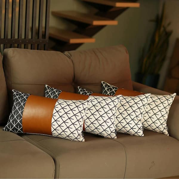 Mike&Co. New York Boho Mixed Set of 2 Handcrafted Vegan Faux Leather Brown Geometric Throw Pillow Cover for Couch, Bedding - Brown