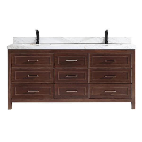 Luxury Ebony Series 72 in. 1 Freestanding Dark Brown Finish Bath Vanity with 2 in. White Natural Marble Top Assembled