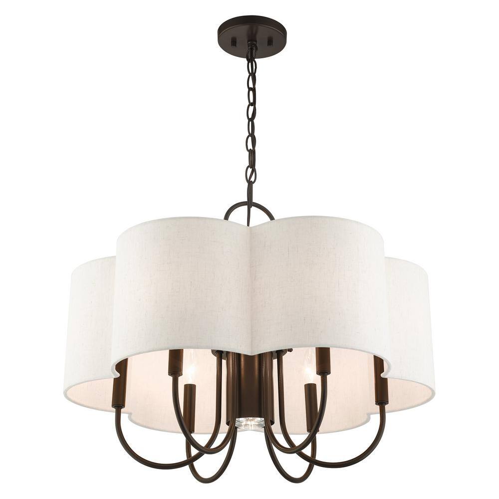 Elegant Solstice English Bronze 7-Light Chandelier with Oatmeal Shade