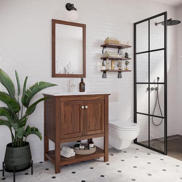 Manchester 30 in. Single Sink Shaker-Style Warm Walnut Bath Vanity with White Quartz Top and Integrated Sink
