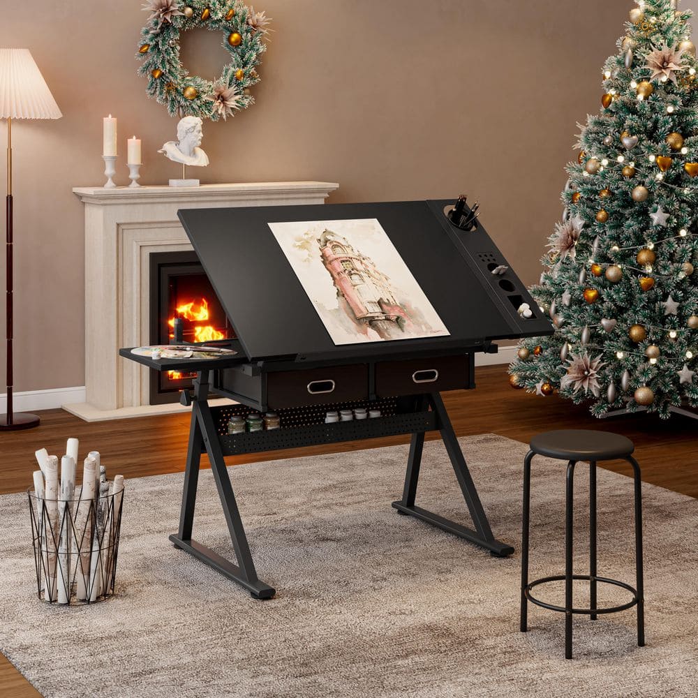 Seafuloy 39 in. Black Adjustable Drafting/Writing Desk and Chair JM-hhz ...