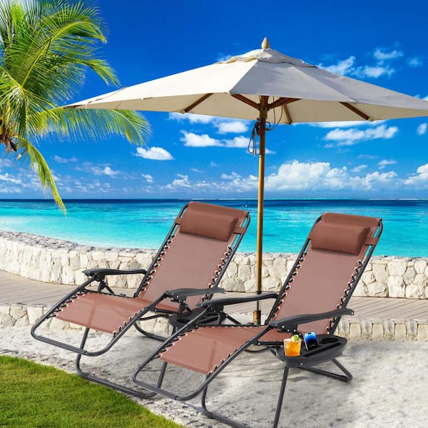Unbranded Zero Gravity Outdoor Lounge Chair (Set of 2), Outdoor Recliner Folding Patio Chair with Cup Holder and Headrest, Brown