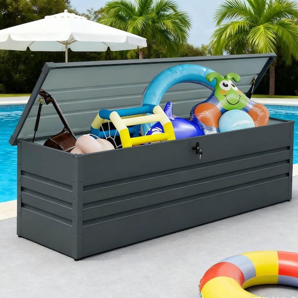 260 Gal. Dark Gray Large Metal Lockable Outdoor Storage Bench with Hydraulic Lid for Patio, Garden and Pool