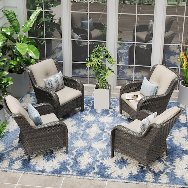 JOYSIDE Ergonomic Arm 4-Piece Patio Wicker Outdoor Lounge Chair with Beige Cushions