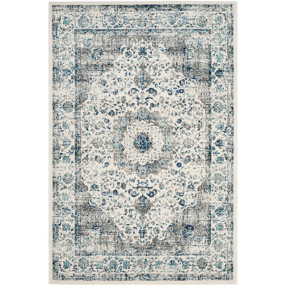 Ivory and Grey High Pile Synthetic Rectangular Area Rug