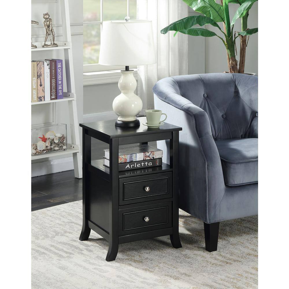 Black Wood End Table with Storage Drawers and Shelf
