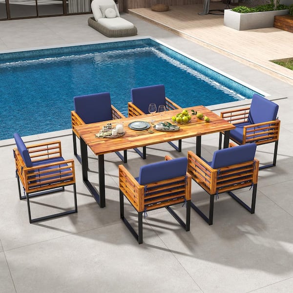 Liviza 7-Piece Acacia Wood Outdoor Dining Set with Blue Cushions