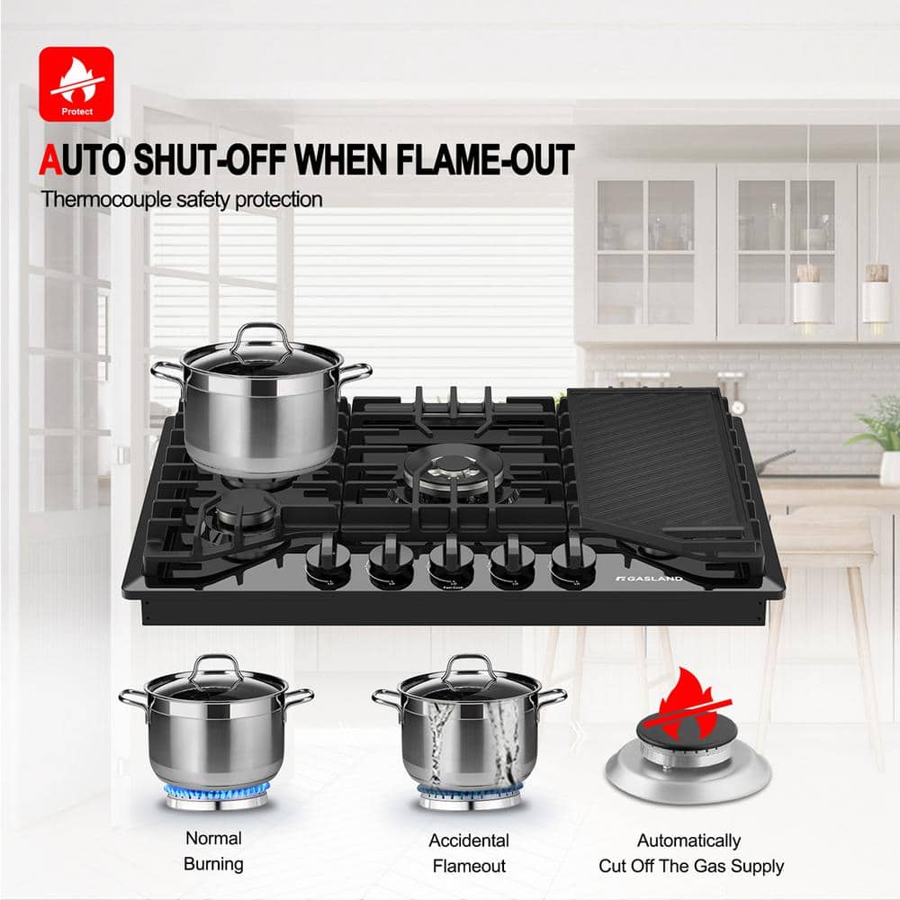 30 Inch Black Stainless Steel 5-Burner Gas Cooktop with Griddle