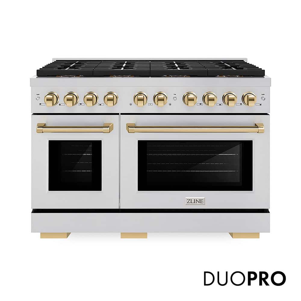 ZLINE Kitchen and Bath Autograph 48 in. 6.7 cu. ft. Paramount Dual Fuel Range with 8 Burner DuoPro Cooktop in Stainless Steel and Polished Gold