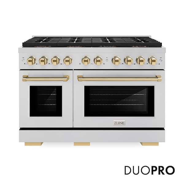Autograph 48 in. 6.7 cu. ft. Paramount Dual Fuel Range with 8 Burner DuoPro Cooktop in Stainless Steel and Polished Gold