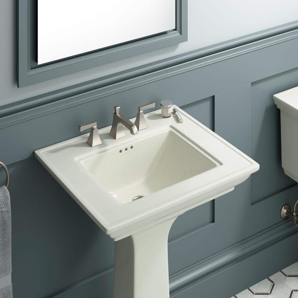 White Ceramic Pedestal Bathroom Sink with Faucet Holes