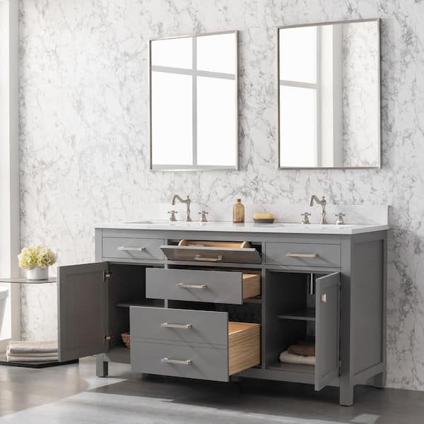 SUDIO - Jasper 60 in. W x 22 in. D Bath Vanity in Gray with Engineered Stone Vanity in Carrara White with White Sinks