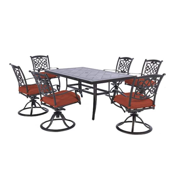 Mondawe Honeysuckle 7-Piece Aluminum 28" H Outdoor Dining Set with 6 Red Cushion Swivel Chair and Rectangular Table