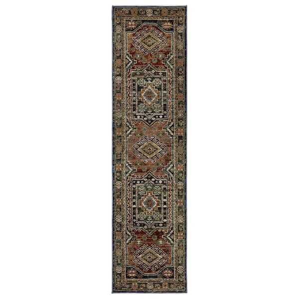 2 ft. x 8 ft. Blue, Rust, Light Brown Tribal Washable Area Rug