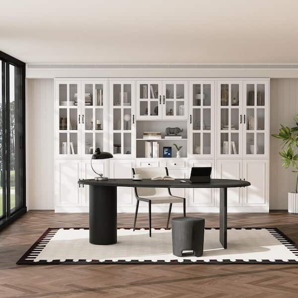 White Wood 126 in. W Luxurious Sideboard, Buffet, Pantry Cabinet with 25-Shelf and 8 Tempered Glass Doors and 2-Drawer