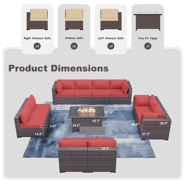 11-Piece Wicker Patio Conversation Set with 55000 BTU Gas Fire Pit Table and Glass Coffee Table and Red Cushions