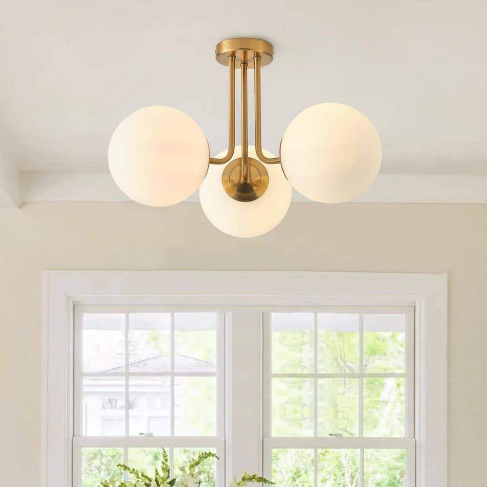 Modern 23.62 in. 3-Light Brass Gold Semi-Flush Mount Ceiling Light with Globe White Glass Shade price history on PriceWatchPro