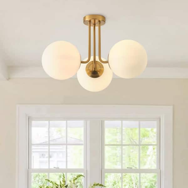 Modern 23.62 in. 3-Light Brass Gold Semi-Flush Mount Ceiling Light with Globe White Glass Shade