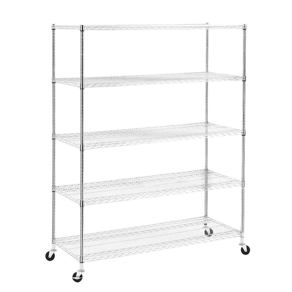 5-Layer Heavy-Duty Kitchen Storage Organizer w/ Adjustable Shelves Wheels and Adjustable Feet 300 lbs. Per Layer-Silver