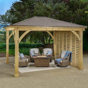 Meridian 12 ft. x 14 ft. Premium Cedar Outdoor Patio Shade Gazebo with a 12 ft. Privacy Wall and Brown Aluminum Roof