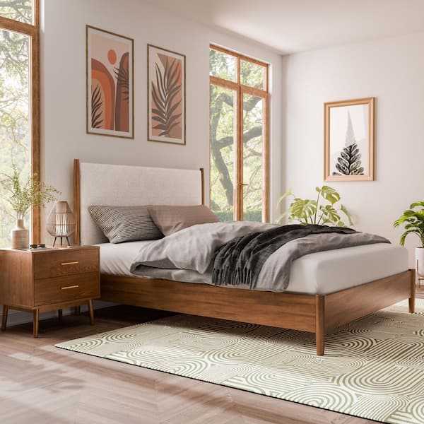 Riverstone 2-Piece Walnut Boucle Headboard King Low Profile Wood Platform Bedroom Set with Nightstand