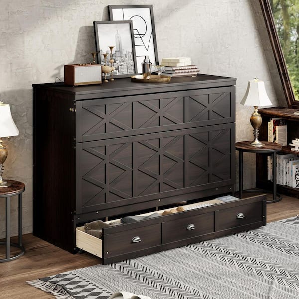 Brushed Espresso Brown Wood Frame Queen Size Murphy Bed with Large Drawers and USB