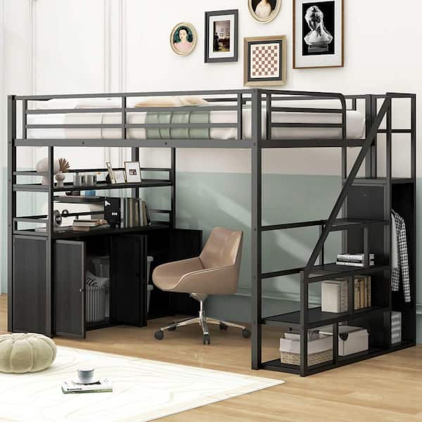 Polibi Black Full Size Wood Loft Bed with Storage Staircase and Wardrobe, Shelves and Lockers