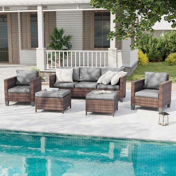 5-Piece Outdoor Patio Conversation Set Widened Back and Arm Brown Rattan Outdoor 3-Seat Sofa 2-Ottomans, Gray