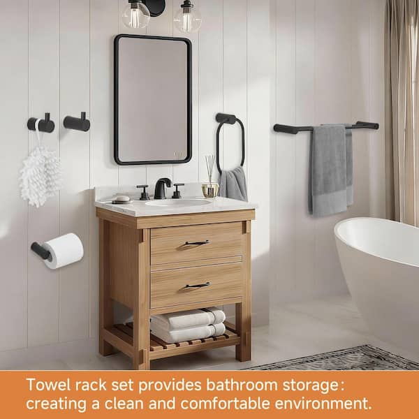 5-Piece Bath Hardware Set with 24 in. Towel Rack, Towel Bar Toilet Paper Holder Towel Ring Towel Hook in Matte Black