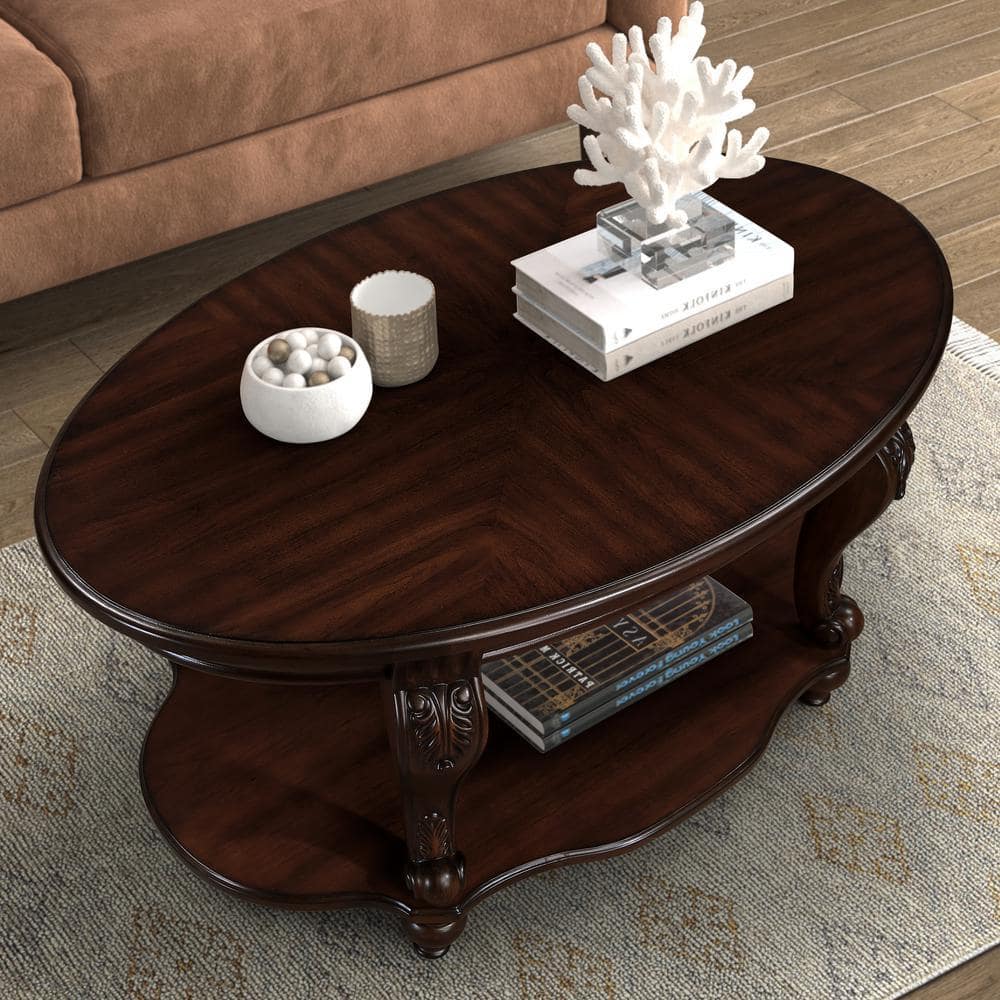 42 in. Cherry Oval Wood Coffee Table 2-Tier Solid Wood Cocktail Table with Open Storage Shelf for Living Room