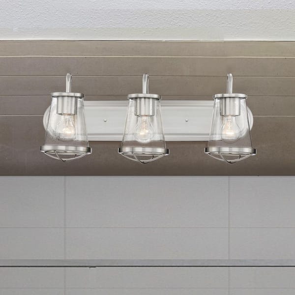Darby 24 in. 3-Light Satin Platinum Industrial Vanity Light with Clear Seeded Glass Shades