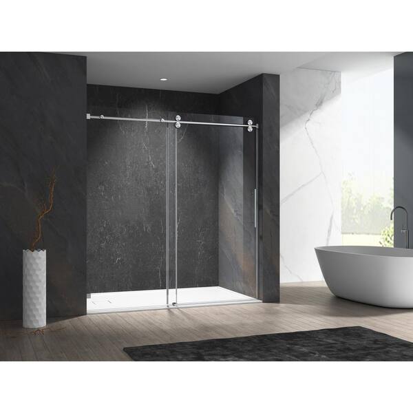 MCOCOD 60 in. W x 76 in. H Single Sliding Frameless Shower Door in Brushed Nickel with Clear Tempered Glass