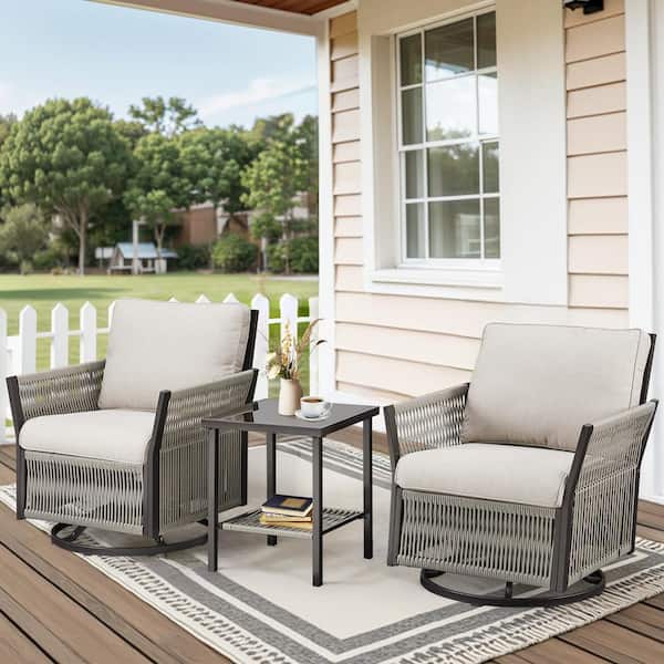 Buenaola Nyajiah 3-Piece Beige Wicker Outdoor Rocking Chair with Beige Cushions