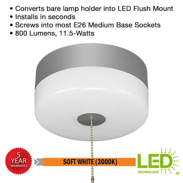 Spin Light 7 in. Pull Chain Satin Nickel Accent LED Flush Mount Ceiling Light 11.5W Soft White 3000K Install E26 Base