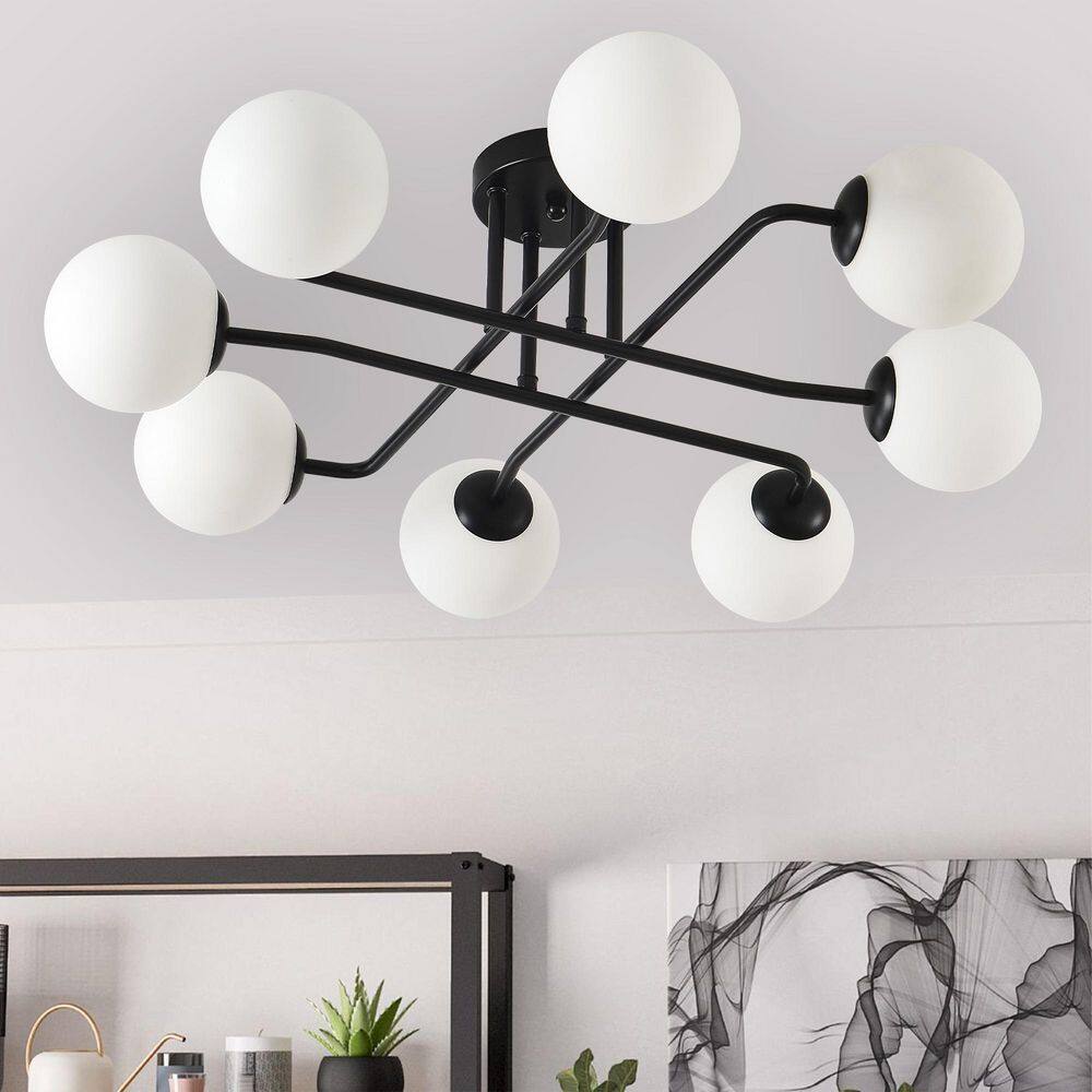 Modern 27.2 in. 8-LIght Black Sputnik Semi-Flush Mount Ceiling Light Fixture with Globe Frosted Glass Shade price history on PriceWatchPro